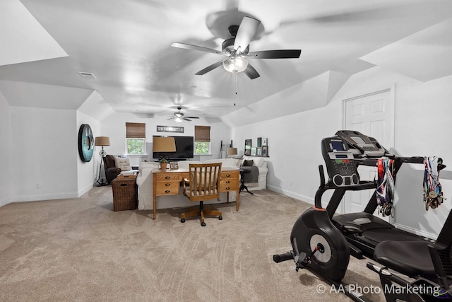 carpeted office with ceiling fan and lofted ceiling