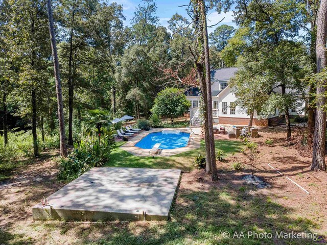 view of pool with a lawn and a patio