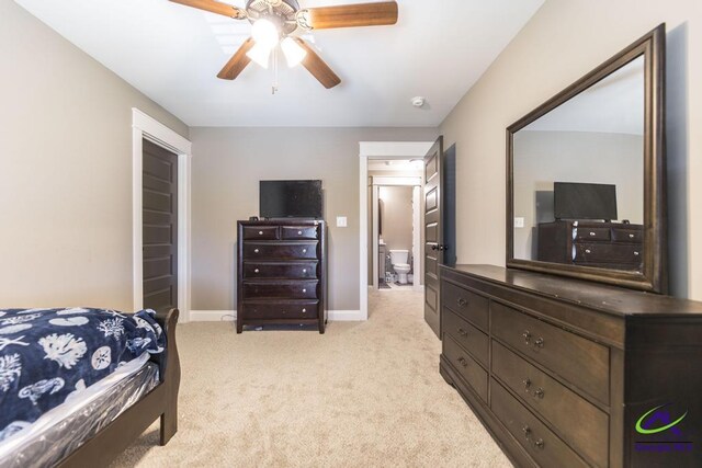 bedroom with light colored carpet and ceiling fan