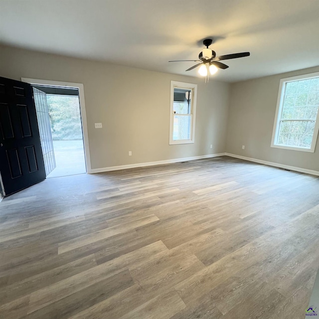 empty room with a wealth of natural light, light hardwood / wood-style floors, and ceiling fan