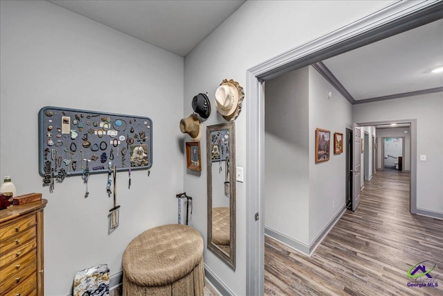 hall featuring ornamental molding and hardwood / wood-style flooring