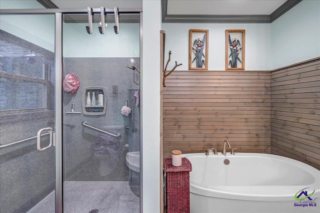 bathroom featuring shower with separate bathtub