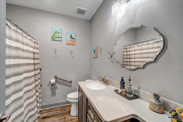 bathroom featuring vanity, toilet, and wood-type flooring