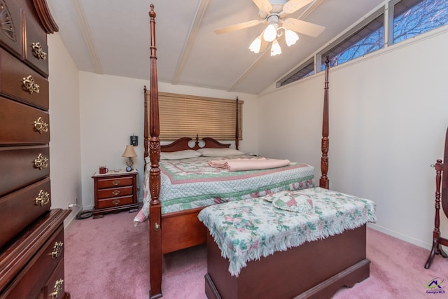 bedroom featuring ceiling fan, light colored carpet, and lofted ceiling