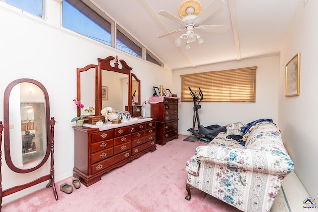 sitting room featuring ceiling fan, lofted ceiling, and light carpet