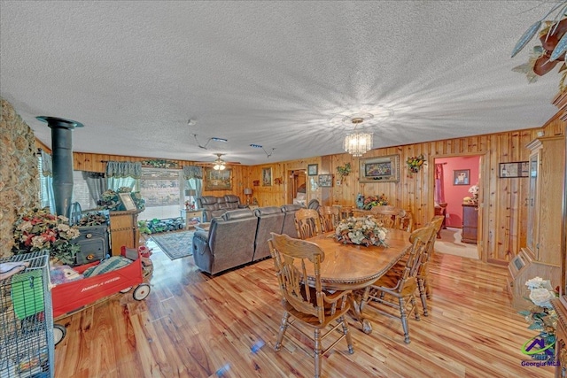 dining room with ceiling fan with notable chandelier, light wood-type flooring, a wood stove, and wooden walls