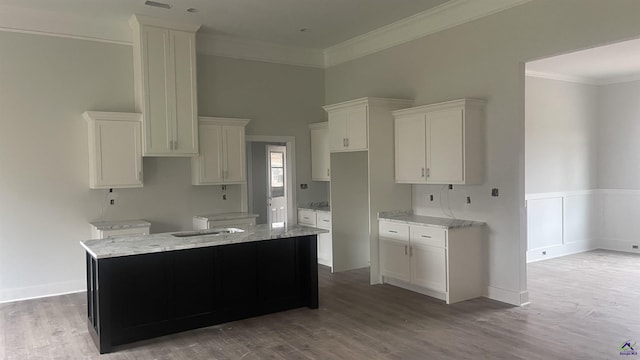 kitchen featuring white cabinets, light stone counters, a kitchen island, and hardwood / wood-style flooring