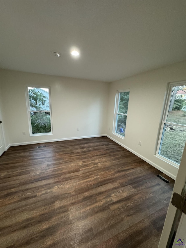 empty room featuring a wealth of natural light and dark hardwood / wood-style flooring