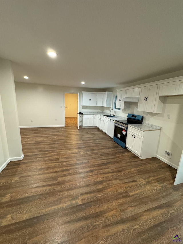 kitchen featuring white cabinetry, dark hardwood / wood-style flooring, sink, and black range with electric cooktop