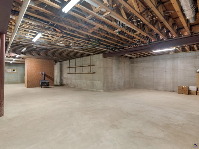 basement with a wood stove