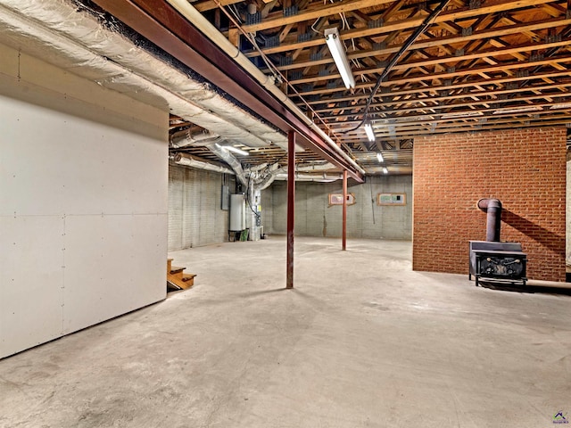 basement with a wood stove