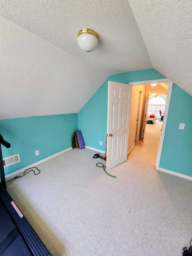 additional living space with carpet flooring, a textured ceiling, and vaulted ceiling