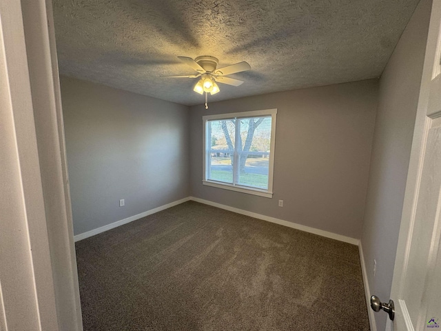 unfurnished room featuring ceiling fan, dark carpet, and a textured ceiling