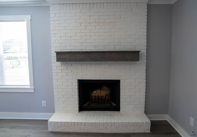 interior details featuring a fireplace and wood-type flooring