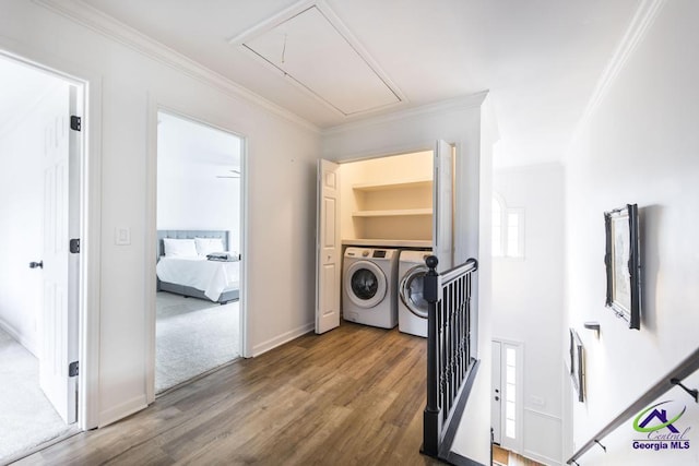 clothes washing area featuring washing machine and clothes dryer, crown molding, and hardwood / wood-style flooring