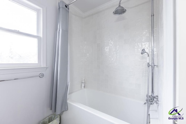 bathroom featuring shower / bath combination and ornamental molding