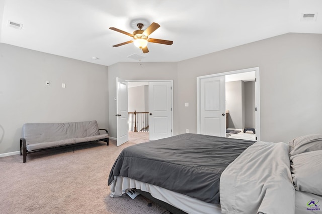 bedroom featuring light carpet and ceiling fan