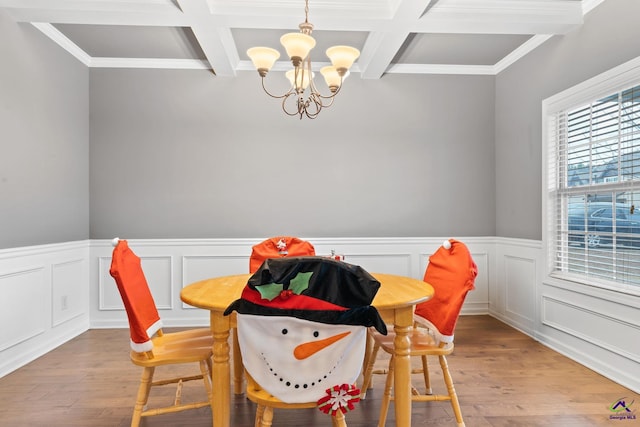 dining room with beamed ceiling, a chandelier, coffered ceiling, and light wood-type flooring