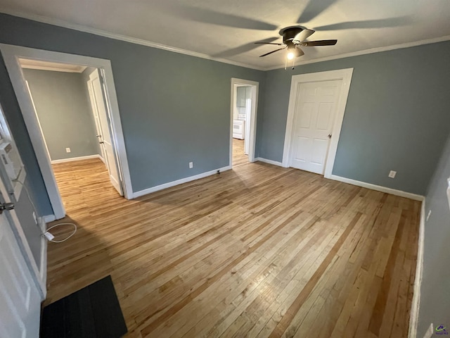 unfurnished bedroom with light hardwood / wood-style floors, ceiling fan, and ornamental molding