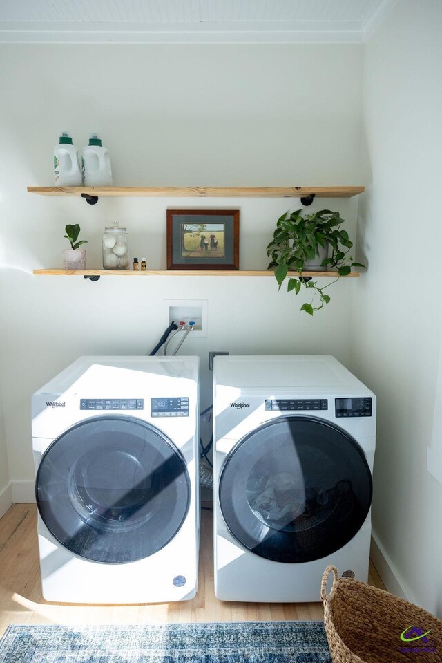 laundry room featuring separate washer and dryer and light hardwood / wood-style flooring