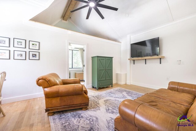 living room featuring beam ceiling, ceiling fan, high vaulted ceiling, and hardwood / wood-style flooring