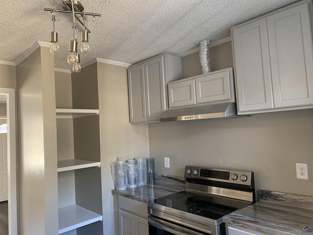 kitchen featuring crown molding, a textured ceiling, dark stone countertops, electric stove, and white cabinets