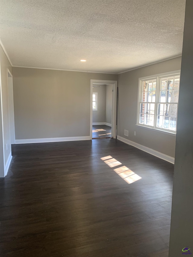 spare room featuring dark wood-type flooring, a textured ceiling, and plenty of natural light