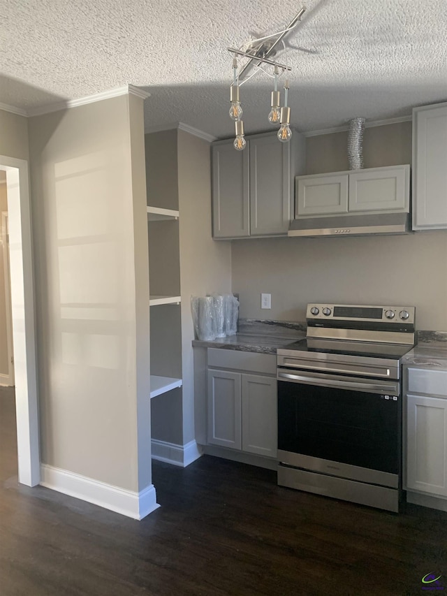 kitchen with ornamental molding, electric range, dark wood-type flooring, a textured ceiling, and wall chimney exhaust hood