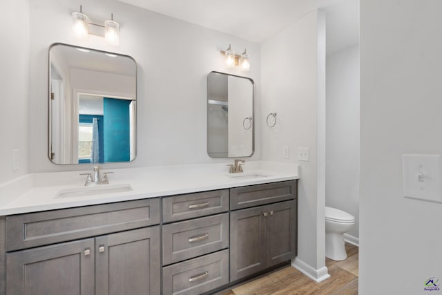 bathroom with hardwood / wood-style floors, vanity, and toilet