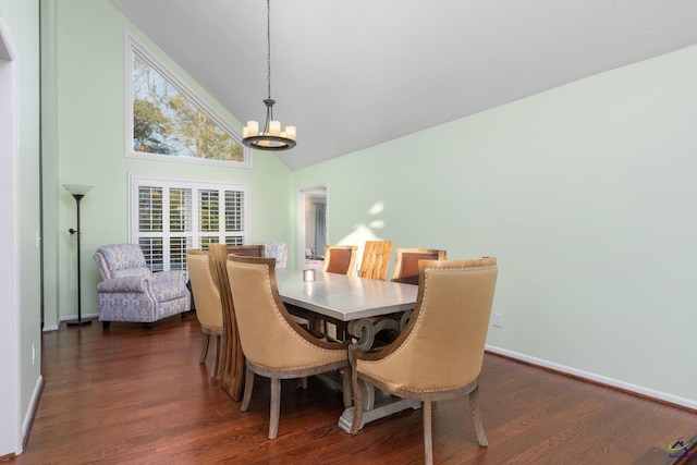 dining room featuring high vaulted ceiling, an inviting chandelier, and dark wood-type flooring