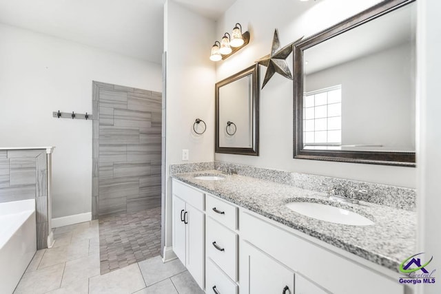 bathroom featuring vanity, tile patterned floors, and separate shower and tub