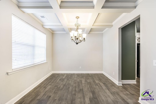 unfurnished room featuring coffered ceiling, dark hardwood / wood-style flooring, plenty of natural light, beam ceiling, and an inviting chandelier