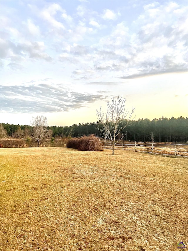 yard at dusk featuring a rural view