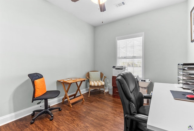 office area with ceiling fan and dark hardwood / wood-style flooring