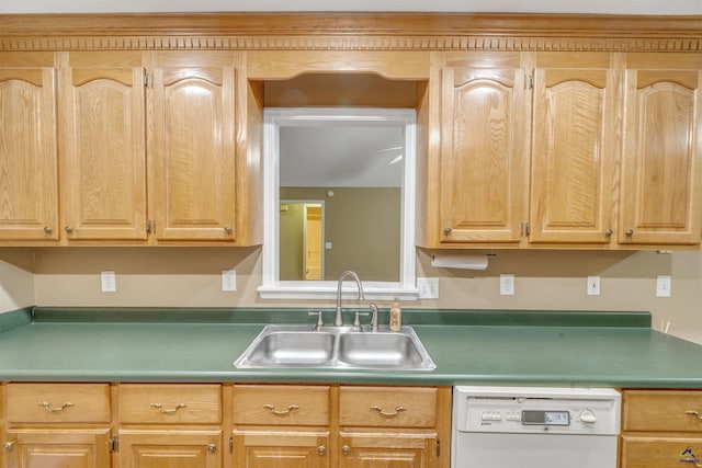 kitchen with sink, white dishwasher, and light brown cabinets