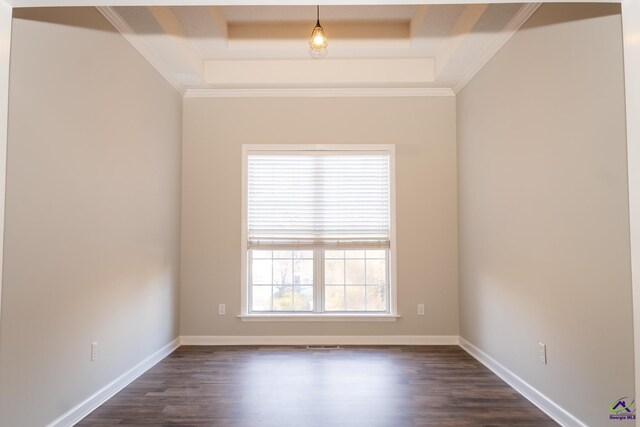 empty room with a raised ceiling, dark hardwood / wood-style flooring, and crown molding