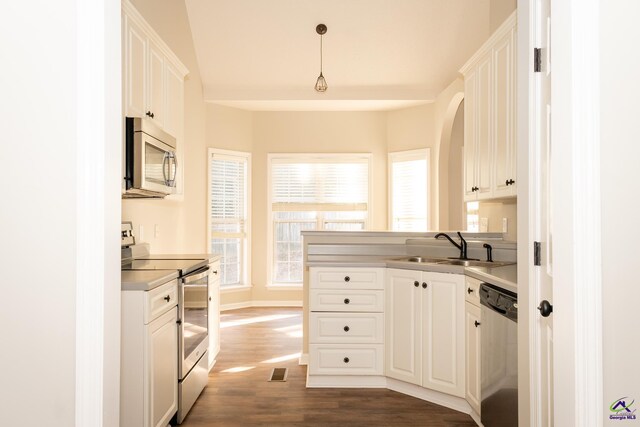 kitchen with appliances with stainless steel finishes, pendant lighting, white cabinets, and sink