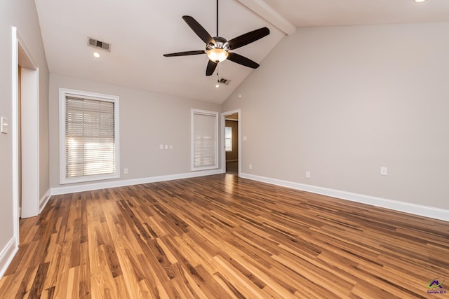 unfurnished room featuring ceiling fan, beam ceiling, wood-type flooring, and high vaulted ceiling