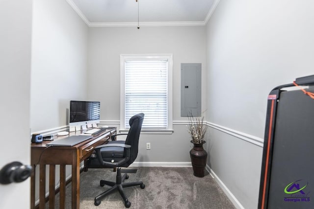 carpeted office space featuring crown molding and electric panel