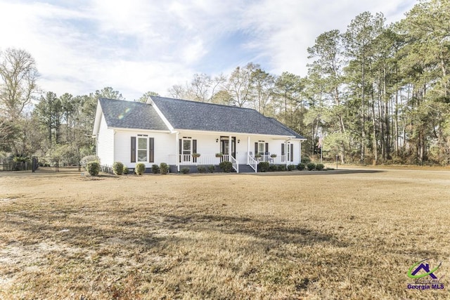 single story home with a front lawn and a porch