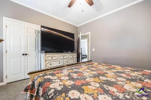 carpeted bedroom featuring ceiling fan, a closet, and crown molding