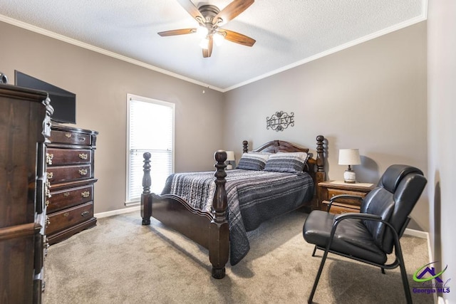 bedroom featuring light carpet, ceiling fan, ornamental molding, and a textured ceiling