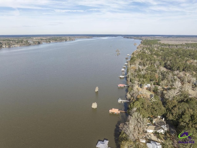 aerial view featuring a water view