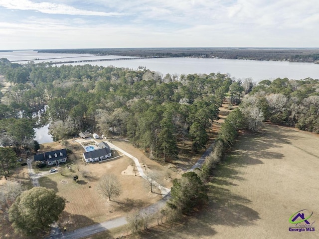 aerial view featuring a water view