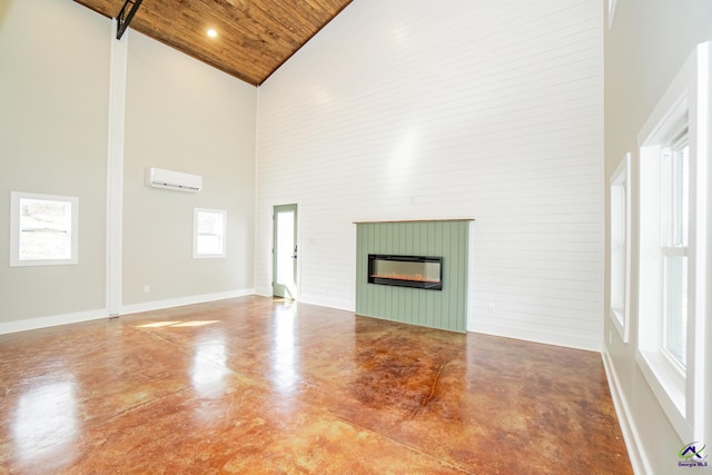 unfurnished living room with high vaulted ceiling, a wall mounted air conditioner, concrete floors, and wooden ceiling