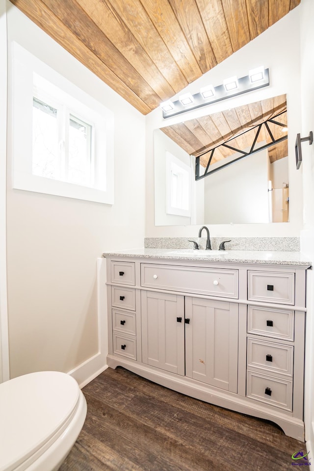 bathroom featuring wood-type flooring, toilet, vanity, and wood ceiling