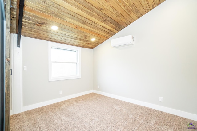 spare room with lofted ceiling, carpet flooring, wood ceiling, and a wall mounted air conditioner