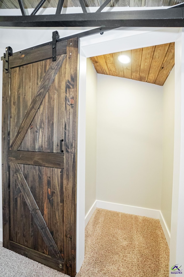 interior details featuring carpet and a barn door