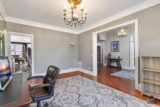 office area with an inviting chandelier, dark hardwood / wood-style flooring, and crown molding