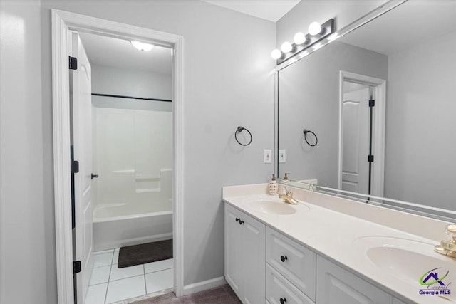 bathroom with tile patterned floors, tub / shower combination, and vanity